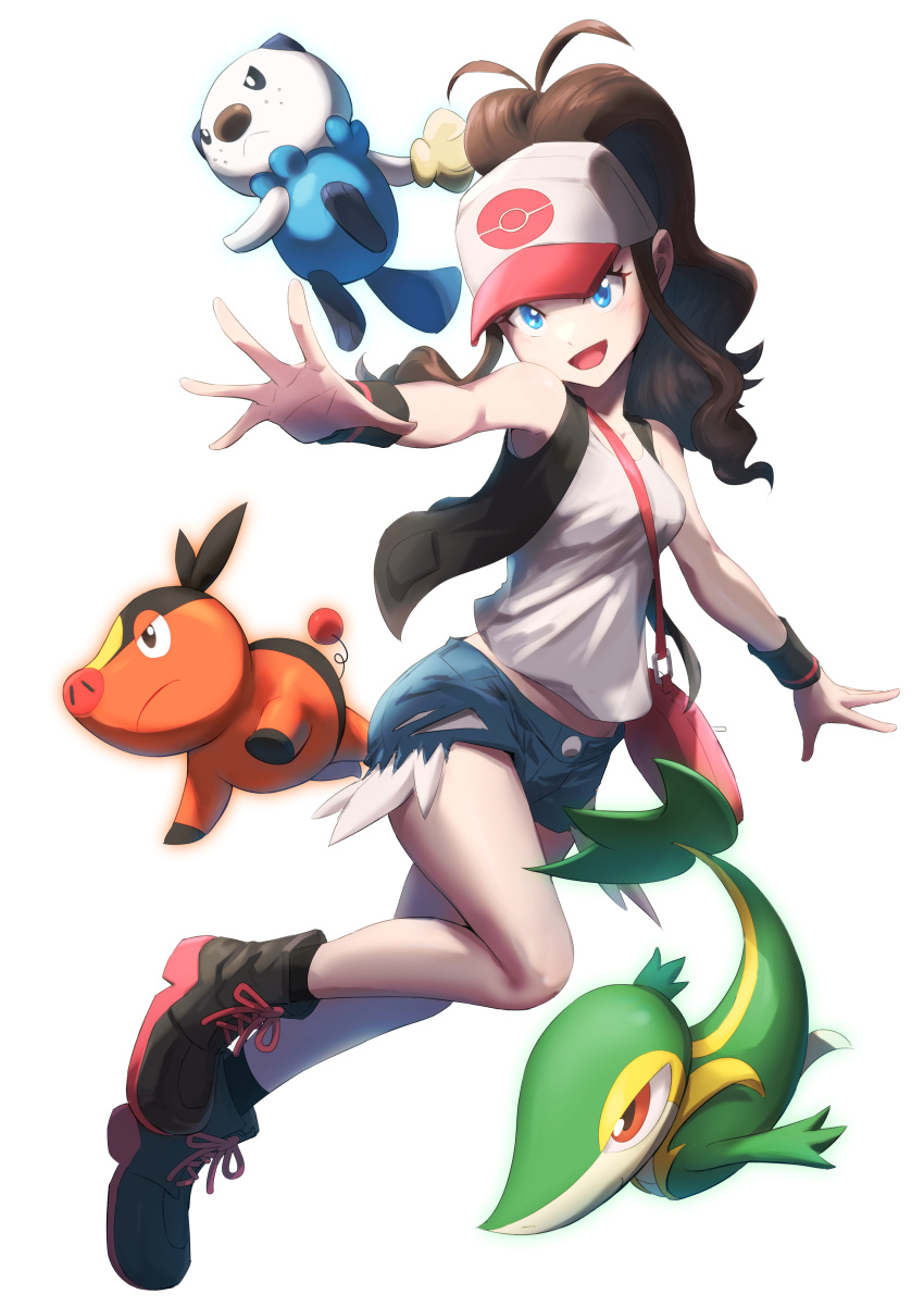 1girl :d absurdres bag baseball_cap black_vest blue_eyes boots brown_hair commentary_request denim denim_shorts eyelashes hat high_ponytail highres hilda_(pokemon) long_hair open_mouth oshawott pokemon pokemon_(creature) pokemon_(game) pokemon_bw shirt short_shorts shorts shoulder_bag sidelocks simple_background siratori_(yy_203) sleeveless sleeveless_shirt smile snivy spread_fingers starter_pokemon_trio tepig tongue vest white_background white_shirt wristband