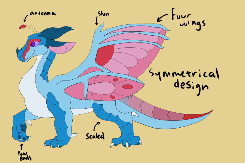 4_wings alriss_(battycat) antennae_(anatomy) battycat blue_body dragon female feral hi_res model_sheet multi_wing pink_wings purple_eyes scalie solo wings