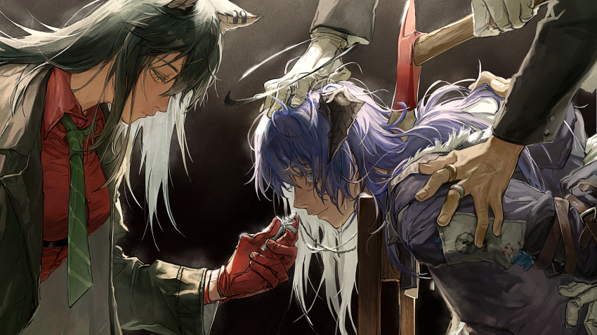2girls 2others absurdres animal_ear_fluff animal_ears aqua_hair arknights arms_behind_back axe black_coat black_hair blue_hair bound bound_arms breasts closed_eyes closed_mouth coat cross cross_necklace deatiose execution from_side fur-trimmed_coat fur_trim gloves green_necktie halo highres holding hood hood_down horns jewelry long_hair long_sleeves medium_breasts mostima_(arknights) multiple_girls multiple_others multiple_rings necklace necktie official_alternate_costume open_clothes open_coat profile red_gloves red_shirt ring shirt small_breasts striped_necktie sweat texas_(arknights) texas_(willpower)_(arknights) upper_body wolf_ears yellow_eyes