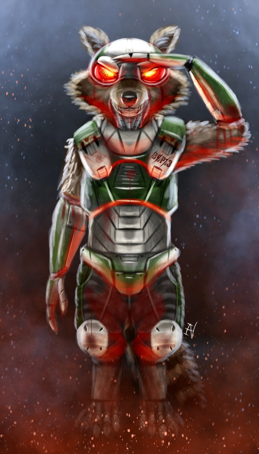 2022 absurd_res anthro blood blood_in_mouth bodily_fluids claw_marks clothed clothing cracked_glass cybernetics cyborg fangs front_view fur gesture glowing glowing_eyes grin guardians_of_the_galaxy hi_res ian-exe letter looking_at_viewer machine male mammal marvel metal number procyonid raccoon rocket_raccoon salute signature smile solo standing striped_body striped_fur stripes teeth