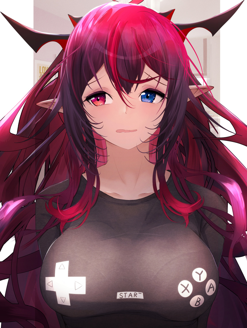 1girl :s absurdres alternate_costume asymmetrical_bangs bangs black_shirt bra breasts collarbone controller demon_girl demon_horns door game_controller gamepad getto hair_between_eyes heterochromia highres hololive hololive_english horns indoors irys_(hololive) large_breasts long_hair looking_to_the_side multicolored_hair multiple_horns outside_border poster_(object) print_shirt red_hair shirt solo tight underwear upper_body very_long_hair virtual_youtuber