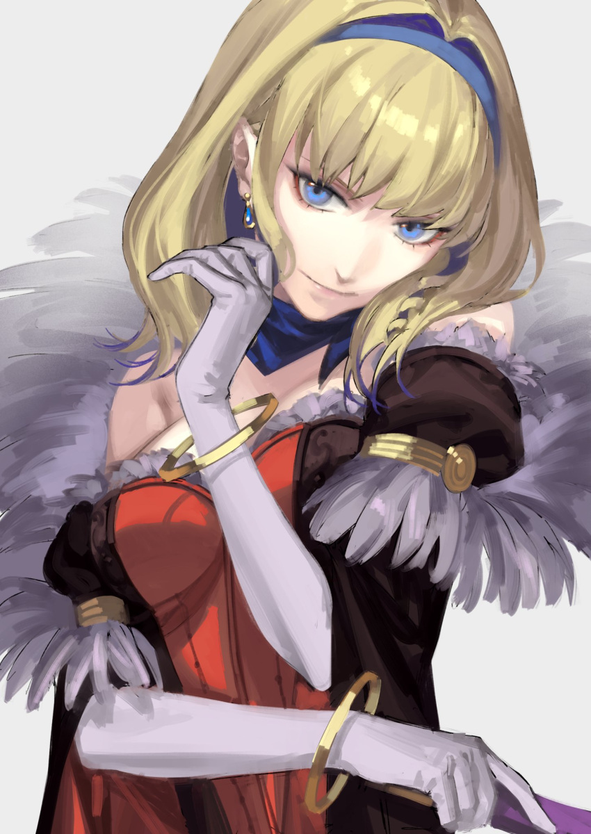 1girl arm_up bangs blonde_hair blue_eyes blue_hairband bracelet breasts closed_mouth constance_von_nuvelle dress earrings elbow_gloves fire_emblem fire_emblem:_three_houses fire_emblem_warriors:_three_hopes gloves grin hairband highres jewelry lips looking_at_viewer medium_breasts medium_hair mik_blamike multicolored_hair official_alternate_costume official_alternate_hairstyle red_dress smile solo streaked_hair upper_body white_background white_gloves wide_sleeves