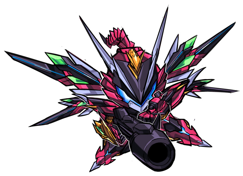 assault_visor chibi commission cross_ange english_commentary enryuugou gun highres holding holding_gun holding_weapon looking_ahead mecha no_humans pillar_buster robot science_fiction simple_background solo weapon white_background