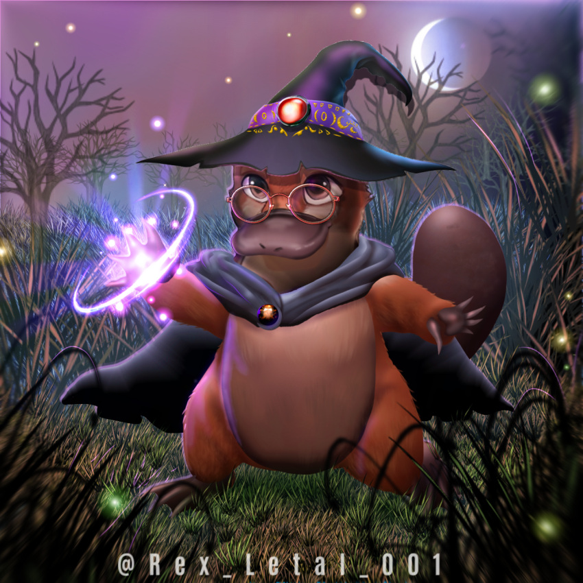 animal borrowed_character brown_eyes cape furry glasses hat highres letalrex magic non-web_source original peppy_the_platypus_(apeppyplatypus) platypus smile tail webbed_feet webbed_hands wizard_hat