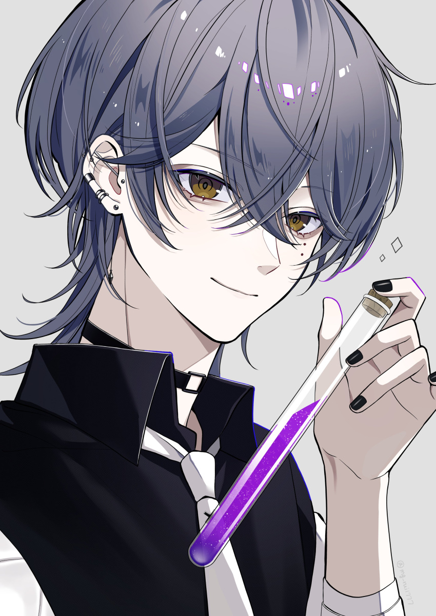 1boy absurdres ayato_galilei black_choker black_nails black_shirt choker coat collared_shirt diamond_(shape) earrings english_commentary grey_hair hana_arare hand_up highres holding holding_test_tube jewelry light_smile looking_at_viewer male_focus mixed-language_commentary mole mole_under_eye nail_polish necktie o-ring o-ring_choker pale_skin purple_liquid shirt short_hair simple_background solo stud_earrings test_tube virtual_youtuber wactor_production white_background white_coat white_necktie wing_collar yellow_eyes