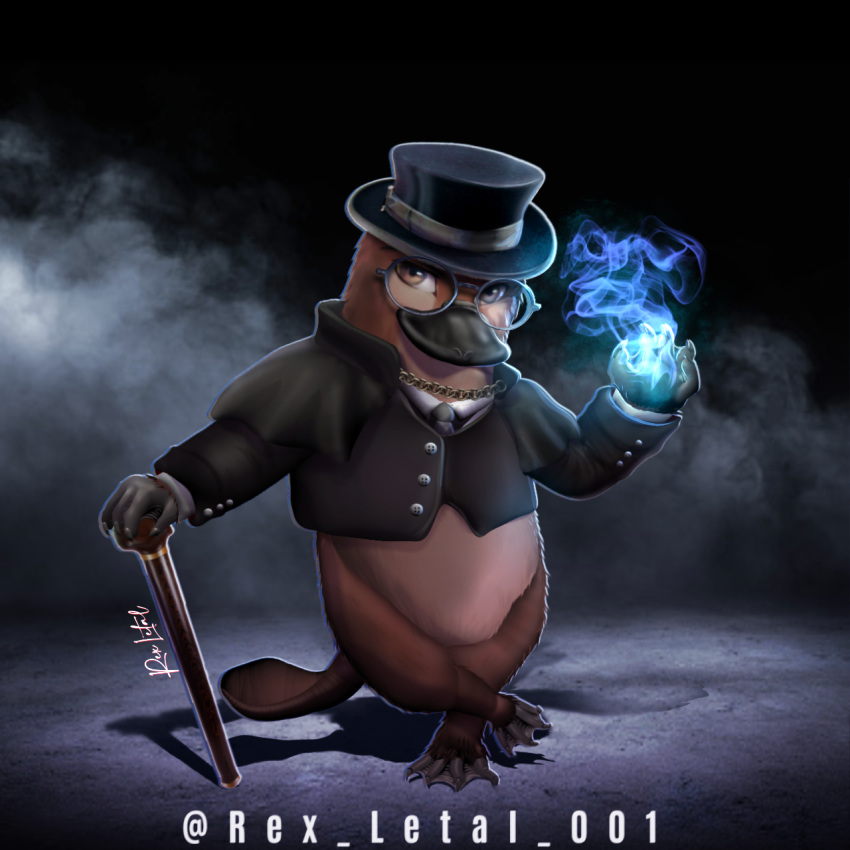 animal borrowed_character brown_eyes cane cape chain formal furry glasses hat highres magic non-web_source original peppy_the_platypus_(apeppyplatypus) platypus smile suit tail top_hat webbed_feet webbed_hands