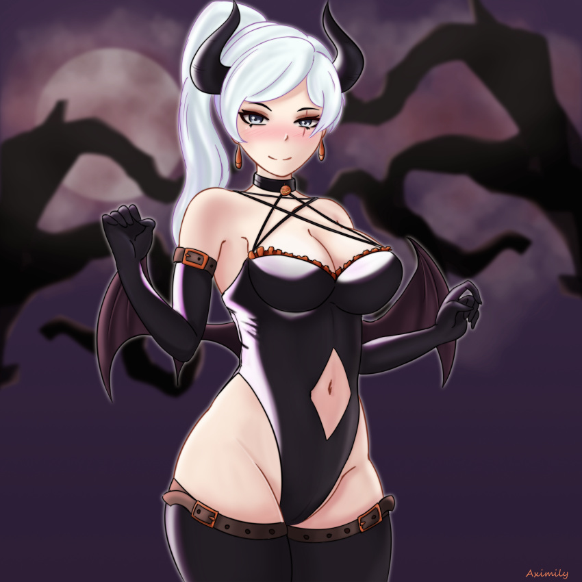 1girl absurdres arms_up aximily bare_hips belt black_choker black_eyeshadow black_gloves black_one-piece_swimsuit black_thighhighs blue_eyes blush branch choker clothing_cutout demon_girl demon_horns demon_wings earrings elbow_gloves english_commentary eyeshadow full_moon gloves halloween highres horns jewelry looking_at_viewer makeup moon navel_cutout pumpkin rwby scar scar_across_eye signature solo swimsuit thigh_belt thigh_strap thighhighs weiss_schnee white_hair wings
