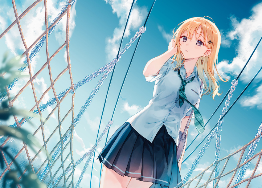 1girl ayase_saki bag bangs blonde_hair blue_skirt blue_sky blurry blurry_foreground carrying_bag chain cloud collarbone collared_shirt commentary_request cowboy_shot day dutch_angle from_below gimai_seikatsu green_necktie handbag highres hiten_(hitenkei) long_hair looking_at_viewer necktie net official_art open_collar open_mouth plant pleated_skirt school_uniform shirt skirt sky solo standing white_shirt