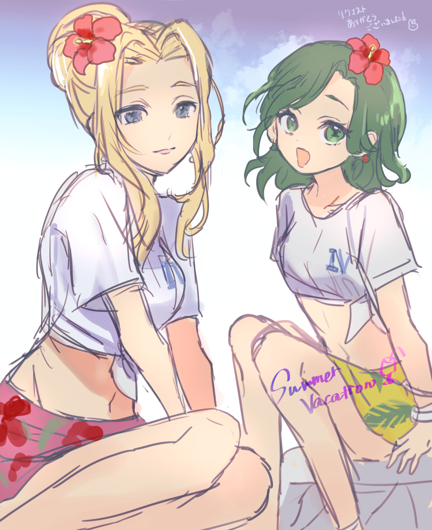 2girls absurdres blonde_hair blue_eyes breasts chi_rpg closed_mouth crop_top final_fantasy final_fantasy_iv flower green_eyes green_hair hair_flower hair_ornament highres long_hair looking_at_viewer multiple_girls navel open_mouth protected_link rosa_farrell rydia_(ff4) shirt short_hair simple_background smile tied_shirt