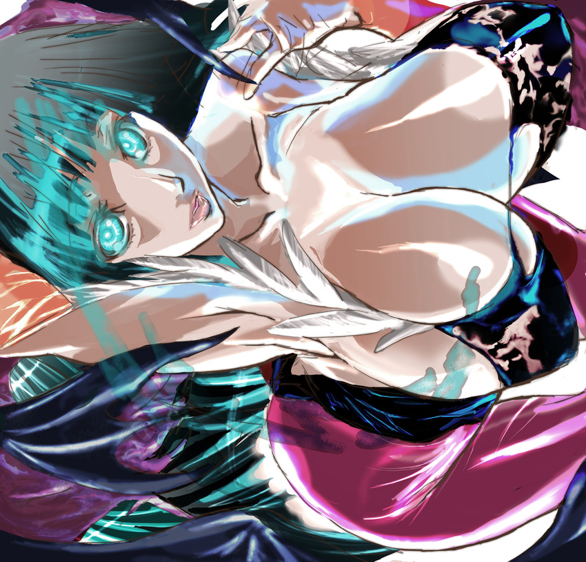 aqua_eyes aqua_hair armpits bad_id bad_pixiv_id bat_wings breasts bursting_breasts cleavage demon_girl dodai_shouji glowing glowing_eyes head_wings large_breasts lips long_hair morrigan_aensland pantyhose solo succubus vampire_(game) wings