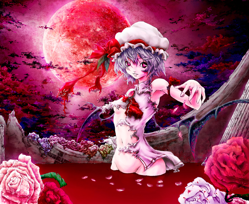 armband bat_wings blood flower full_moon groin hat highres moon navel night no_pants onokoro401 pink_eyes red_moon remilia_scarlet rose short_hair silver_hair sky solo torn_clothes touhou wings