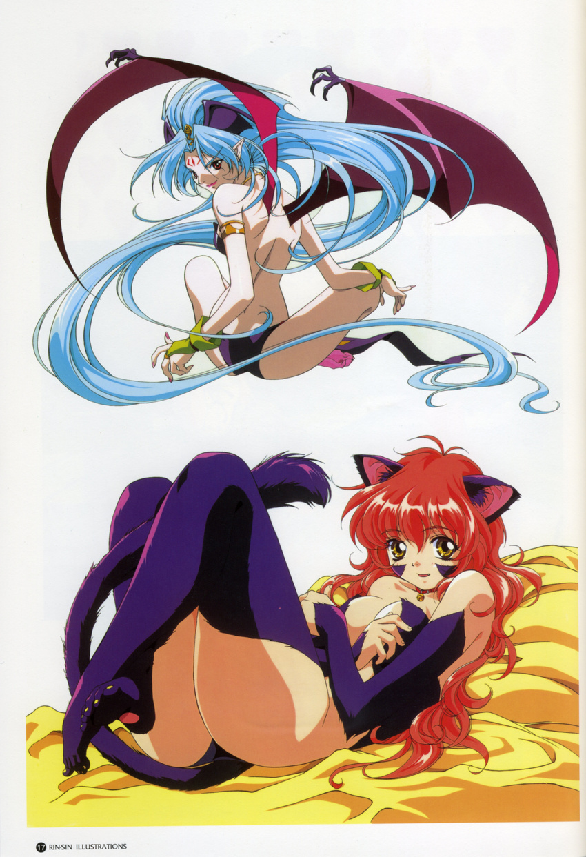 absurdres animal_ears armlet artbook back bare_back bat_wings bed bell bell_collar blue_hair breasts bridal_gauntlets cat_ears cat_tail cleavage collar delta_(words_worth) demon_girl facial_mark feet forehead_mark from_behind fur gloves head_wings highres long_hair looking_back lying medium_breasts multiple_girls nail_polish nina_(words_worth) on_back pale_skin pink_nails pointy_ears red_eyes red_hair rin-sin scan sitting smile succubus tail thighhighs very_long_hair wings words_worth yellow_eyes