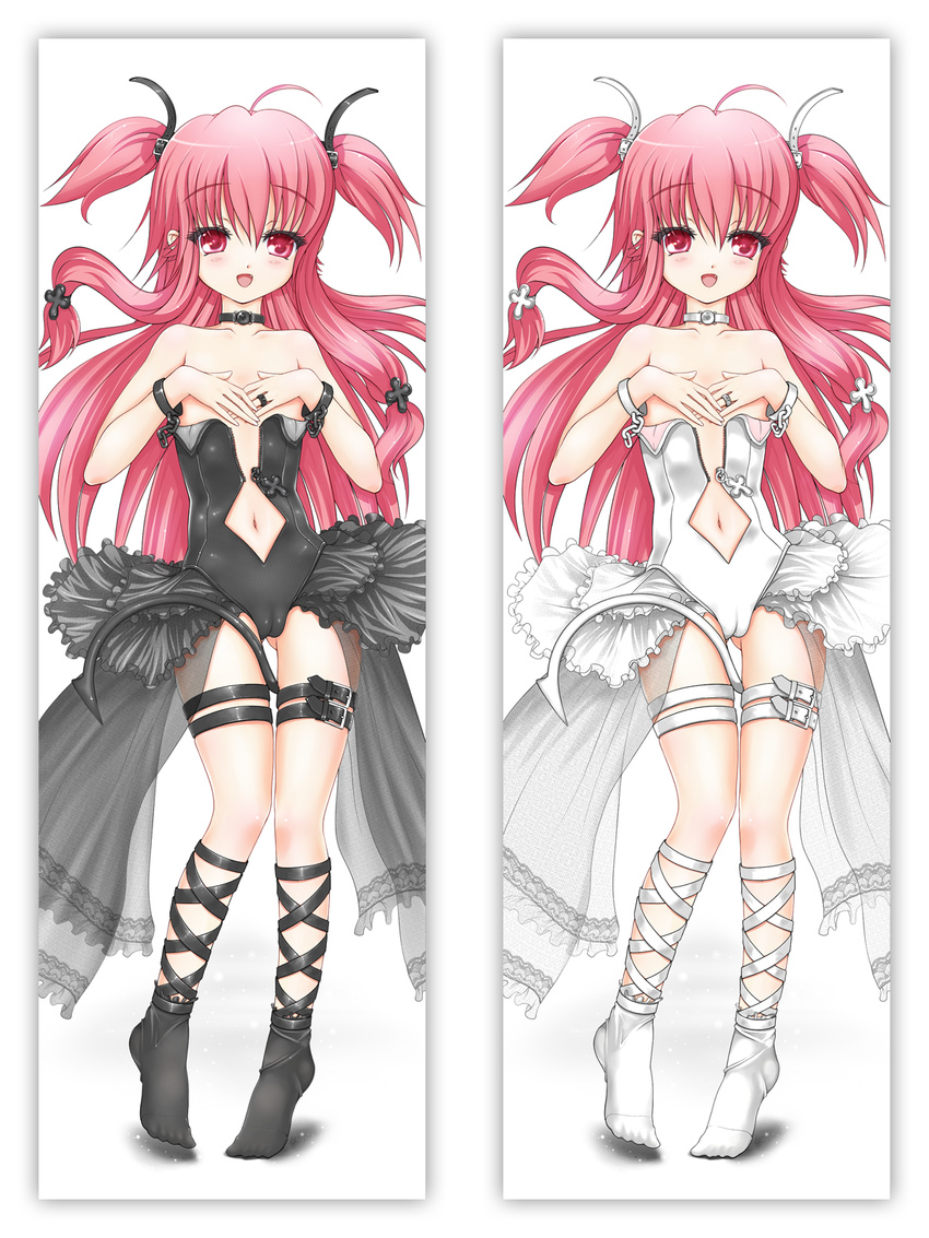 ahoge angel_beats! ankle_lace-up bare_shoulders black_legwear blush cameltoe choker chunyan covering covering_breasts cross cross-laced_footwear dakimakura demon_tail fang flat_chest highres jewelry long_hair multiple_views navel open_clothes open_mouth pink_eyes pink_hair ring socks tail thigh_strap two_side_up very_long_hair white_legwear wrist_cuffs yui_(angel_beats!)