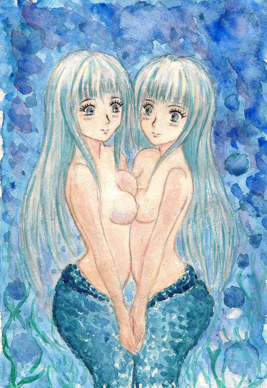 artist_request blonde_hair blue_background blue_eyes breast_press breasts copyright_request eye_contact eyelashes highres long_hair looking_at_another medium_breasts mermaid monster_girl multiple_girls nipples nude smile symmetrical_docking traditional_media underwater water yuri