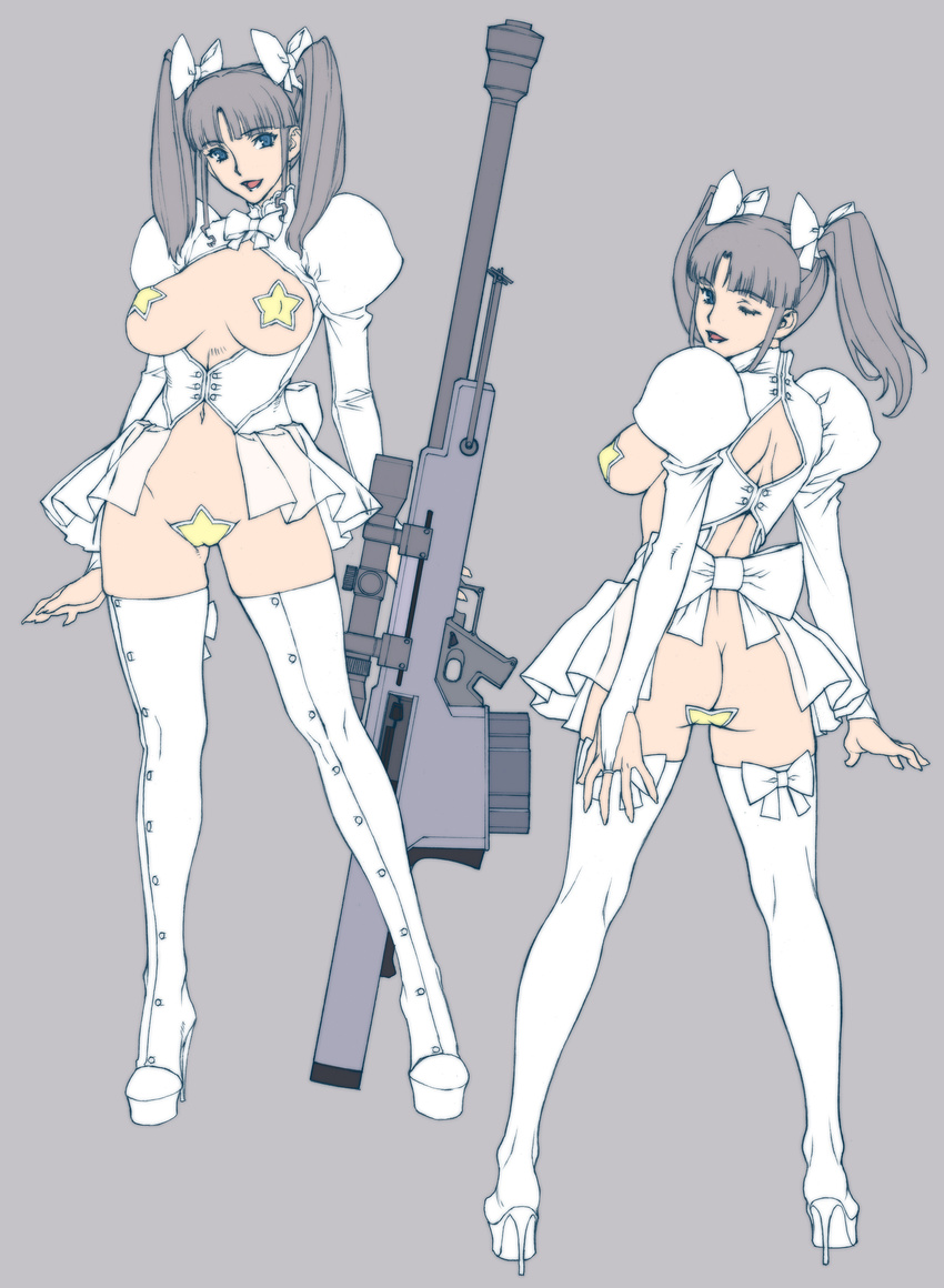 absurdres anti-materiel_rifle ass blue_eyes boots bow breasts bridal_gauntlets bullpup butt_crack gun hair_bow high_heels highres large_breasts lipstick looking_back maebari makeup motchie no_panties one_eye_closed original pasties revealing_clothes rifle scope see-through shoes sniper_rifle thigh_boots thighhighs twintails weapon