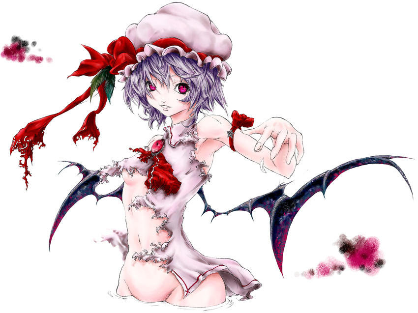 armband bat_wings hat highres navel no_pants onokoro401 pink_eyes remilia_scarlet short_hair silver_hair solo torn_clothes touhou wings