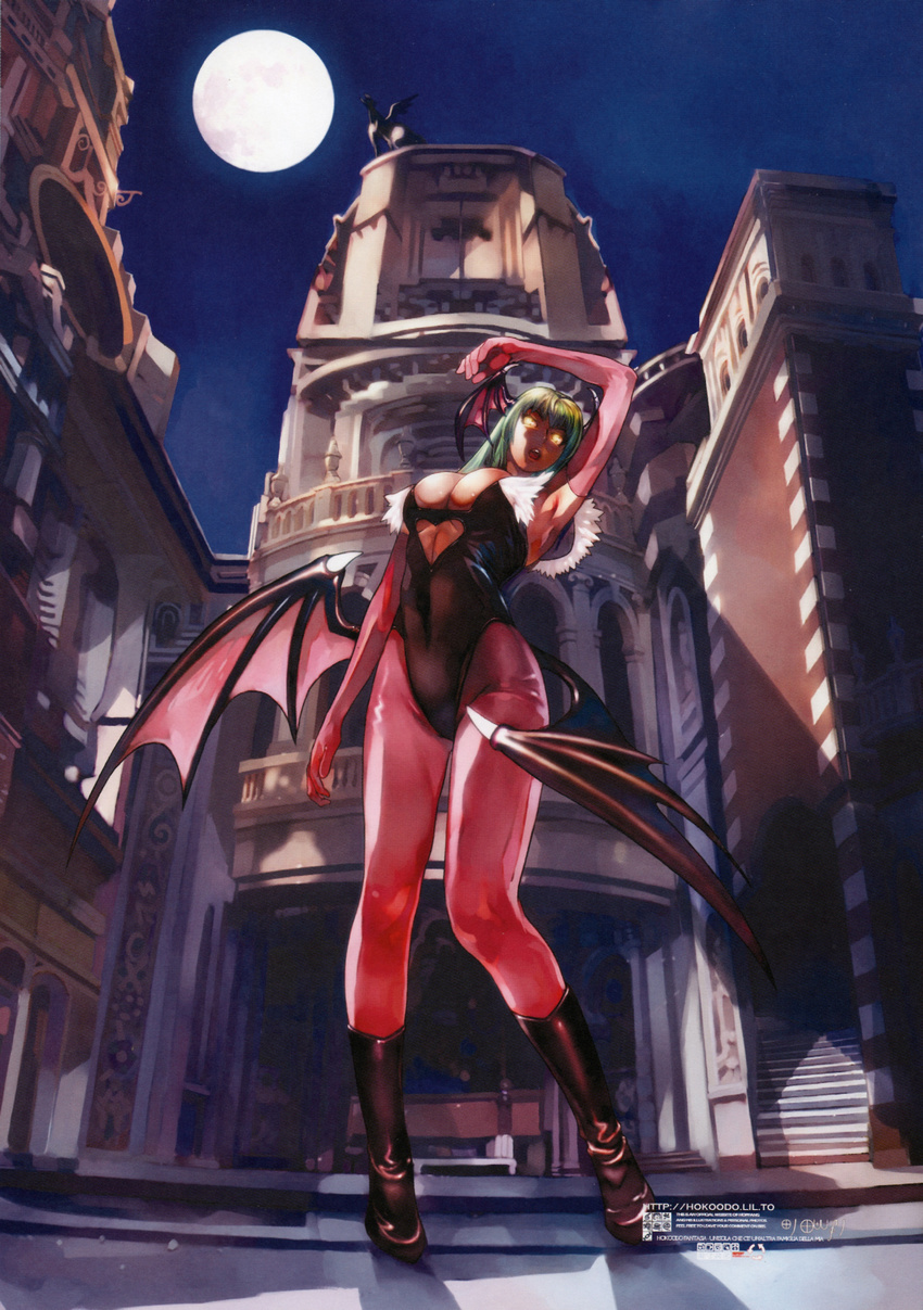 absurdres artist_request bare_shoulders bat_wings boots breasts cleavage demon_girl elbow_gloves fingerless_gloves gloves green_hair head_wings heart highres large_breasts long_hair morrigan_aensland pantyhose solo source_request succubus vampire_(game) wings
