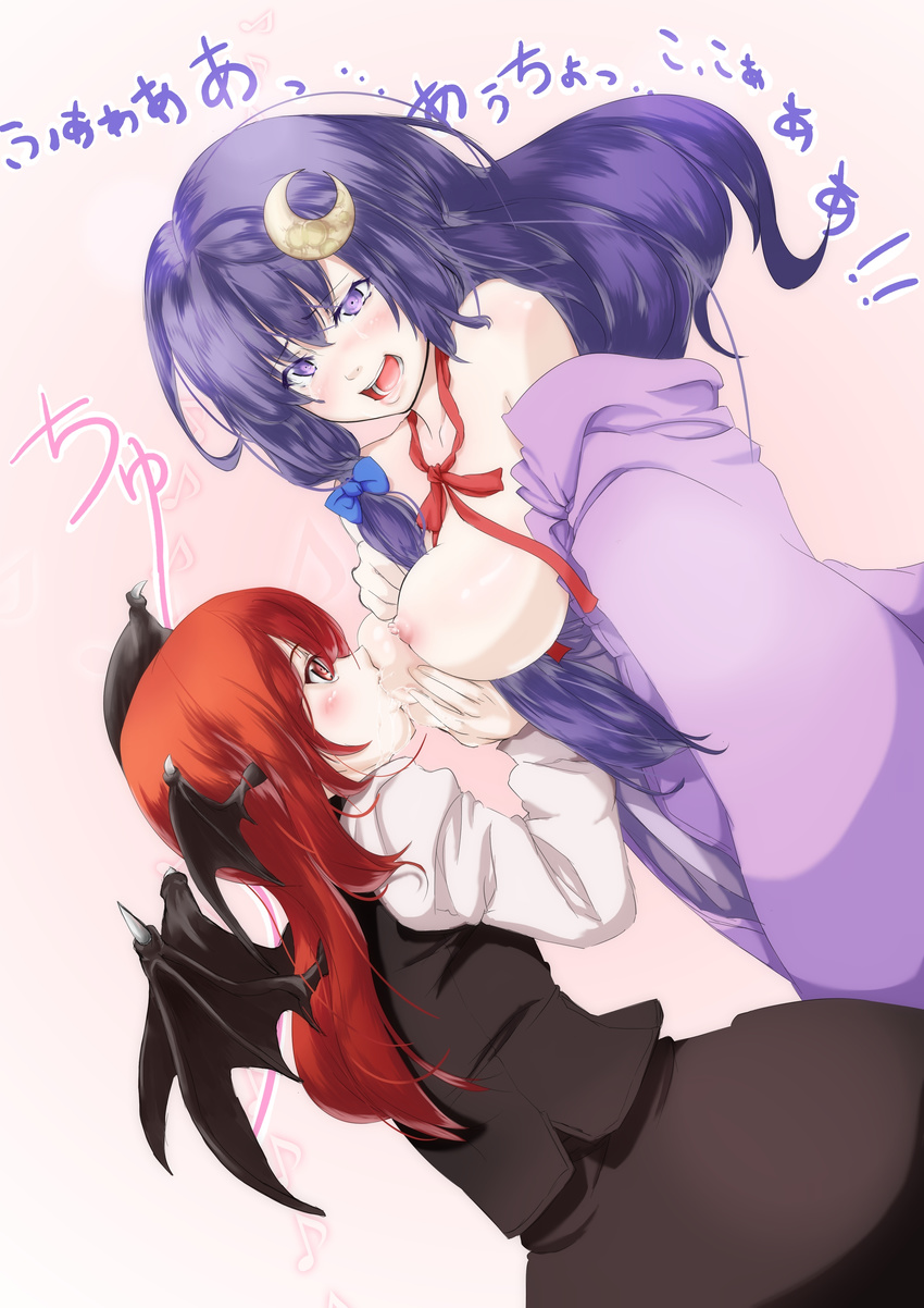 absurdres bad_id bad_pixiv_id bat_wings breast_feeding breast_sucking breasts crescent crescent_hair_ornament demon_wings hair_ornament head_wings highres koakuma lactation long_hair medium_breasts multiple_girls nipples off_shoulder patchouli_knowledge purple_eyes purple_hair red_eyes red_hair ruuto_(sorufu) tears touhou wings yuri