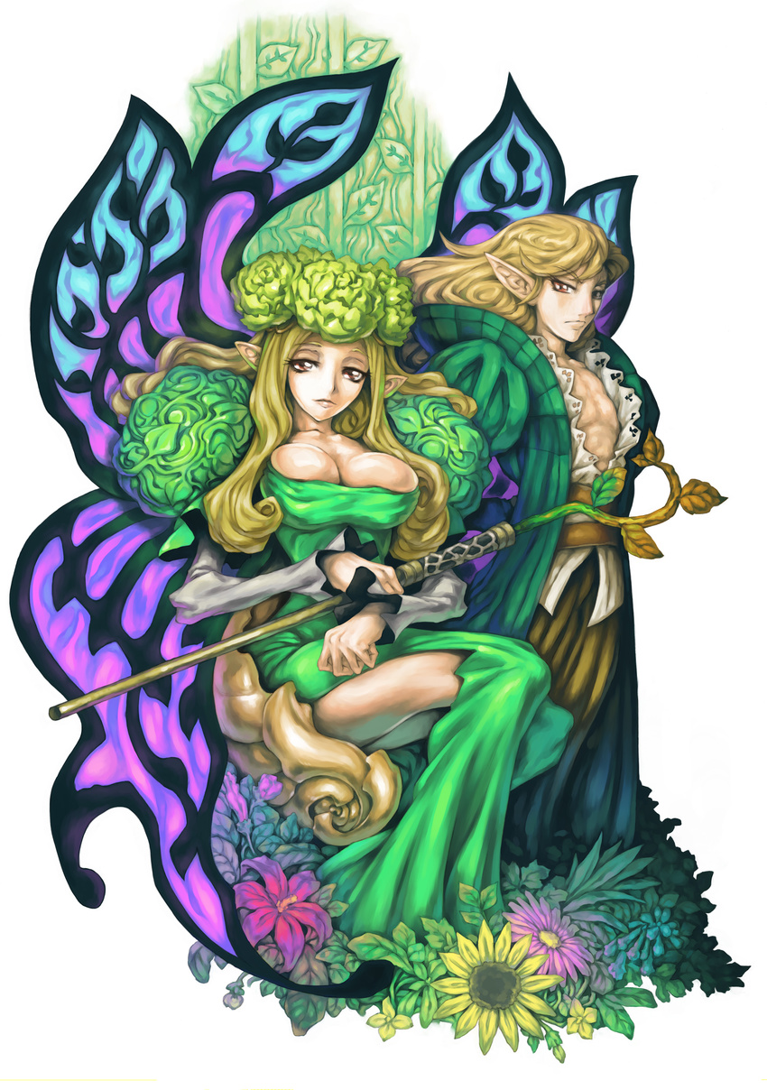 1girl absurdres belt blonde_hair breasts butterfly_wings chair chest cleavage dress elfaria_(odin_sphere) fairy flower frown hat highres holding lace large_breasts leaf long_hair looking_at_viewer mature melvin muscle nature non-web_source odin_sphere official_art open_clothes open_shirt pointy_ears red_eyes scan shirai_yasuo shirt side_slit sidelocks simple_background sitting smile staff standing thighs throne trench_coat wavy_hair wings