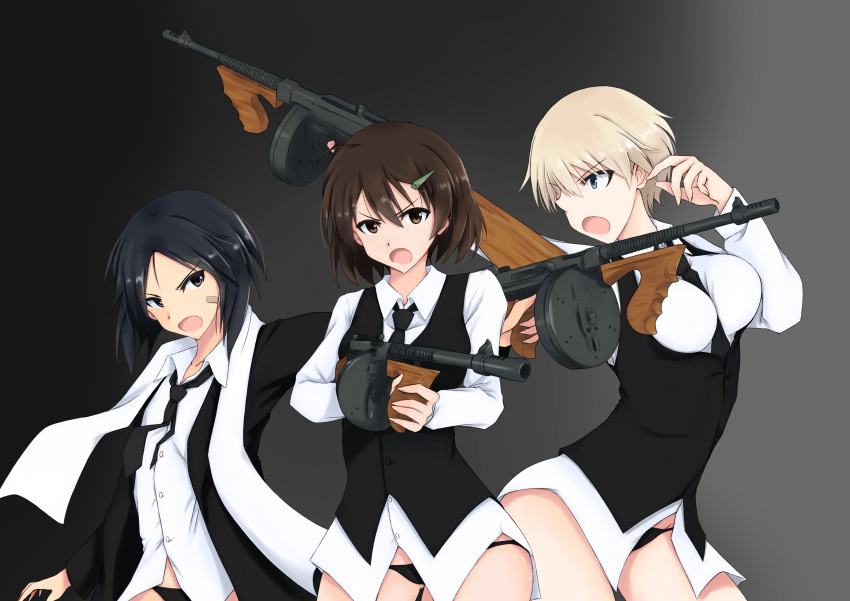 3girls absurdres ass_visible_through_thighs bandage_on_face bandages between_breasts black_hair black_necktie black_panties black_vest blue_eyes brave_witches breasts brown_eyes buttons cowboy drum_magazine gradient gradient_background gun hair_between_eyes highres isosceles_triangle_(xyzxyzxyz) kanno_naoe karibuchi_hikari large_breasts looking_at_viewer looking_to_the_side magazine_(weapon) medium_breasts multiple_girls multiple_wings necktie necktie_between_breasts nikka_edvardine_katajainen panties scarf shirt short_hair small_breasts submachine_gun thighs thompson_submachine_gun underwear vest weapon white_scarf white_shirt wings world_witches_series