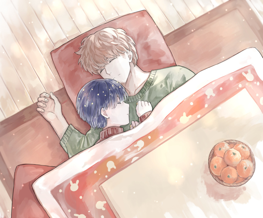 1boy 1other androgynous barbata blue_hair brown_hair cuddling facial_hair food fruit goatee gold_nails golden_arms green_sweater highres houseki_no_kuni kotatsu mandarin_orange phosphophyllite phosphophyllite_(ll) red_sweater short_hair sleeping spoilers sweater table zakirsiz