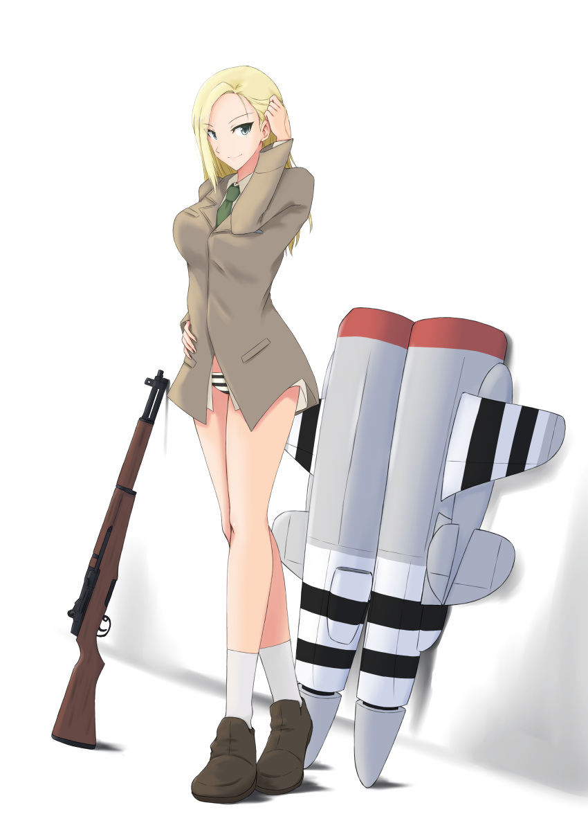 1girl absurdres bangs breast_pocket brown_footwear brown_jacket brown_shirt english_commentary green_necktie gun hand_in_own_hair hand_on_hip heel_up highres isosceles_triangle_(xyzxyzxyz) jacket legs long_hair looking_at_viewer m1_garand necktie original panties pocket rifle shirt smile socks solo striker_unit striped striped_panties swept_bangs thighs underwear weapon white_background white_socks world_witches_series