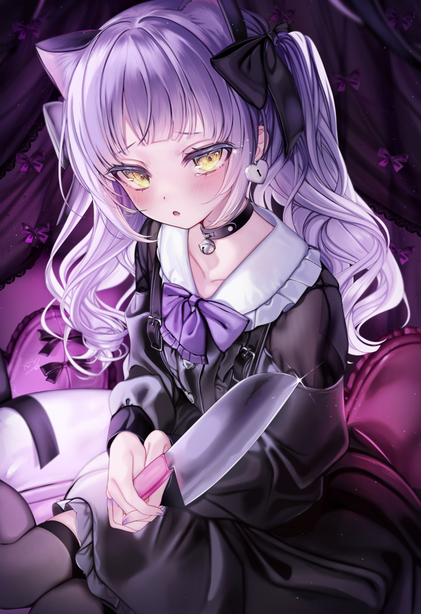 1girl absurdres animal_ears bell black_bow black_choker black_dress black_thighhighs blush bow bowtie cat_ears choker dress earrings extra_ears frilled_sailor_collar frills grey_hair hair_bow heart heart_earrings highres holding holding_knife hololive jewelry jingle_bell knife long_hair long_sleeves looking_at_viewer murasaki_shion neck_bell parted_lips purple_bow purple_bowtie purple_nails sailor_collar sitting solo thighhighs virtual_youtuber white_sailor_collar yellow_eyes yunmi_0527