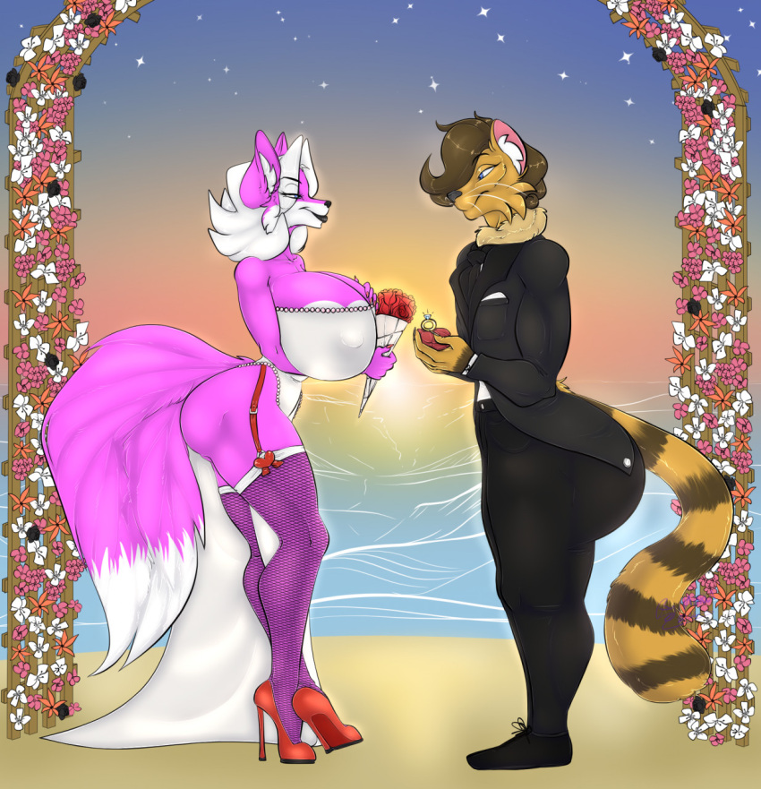 anthro beach big_breasts big_butt black_tie_(suit) blue_eyes bouquet bouquet_of_roses breasts brown_hair butt canid canine canis clothing cornelious_raidon digit_ring domestic_cat dress felid feline felis female flower fur garter_straps hair hatarla hi_res jewelry male male/female mammal nipple_outline nylons orange_body orange_fur pink_body pink_fur plant ring romantic romantic_couple rose_(flower) seaside suit sunset wedding wedding_dress wedding_ring white_body white_fur white_hair wolf yuni_hermit