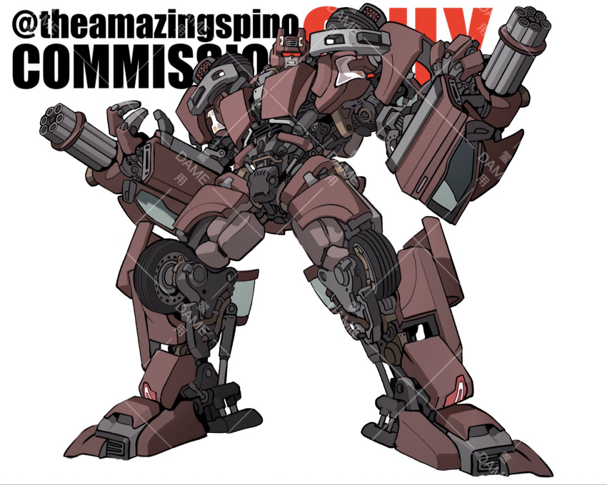 arm_cannon chain_gun commission highres looking_at_viewer mecha missile_pod no_humans original parted_lips red_eyes robot science_fiction solo standing theamazingspino transformers weapon wheel white_background