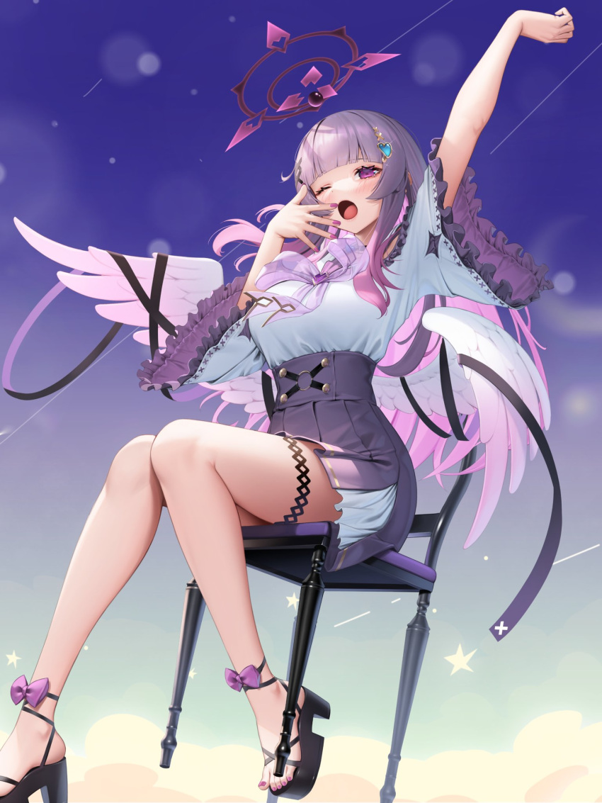 1girl angel_wings arm_up bangs black_ribbon blunt_bangs blush bow breasts chair colored_inner_hair commentary_request eyelashes feathered_wings feet floating frilled_shirt frilled_sleeves frills full_body gradient gradient_background gradient_hair hair_ornament halo hand_up highres indie_virtual_youtuber knees_together_feet_apart legs long_hair medium_breasts multicolored_hair nail_polish neck_ribbon one_eye_closed open_mouth pink_hair pleated_skirt purple_bow purple_eyes purple_hair purple_nails purple_skirt ribbon sandals second-party_source shiny shiny_hair shirt shiu_alia sitting skirt solo star_(symbol) strappy_heels suraimu_(suraimuraimu) thigh_strap thighs toenail_polish toenails toes virtual_youtuber white_shirt wide_sleeves wings yawning