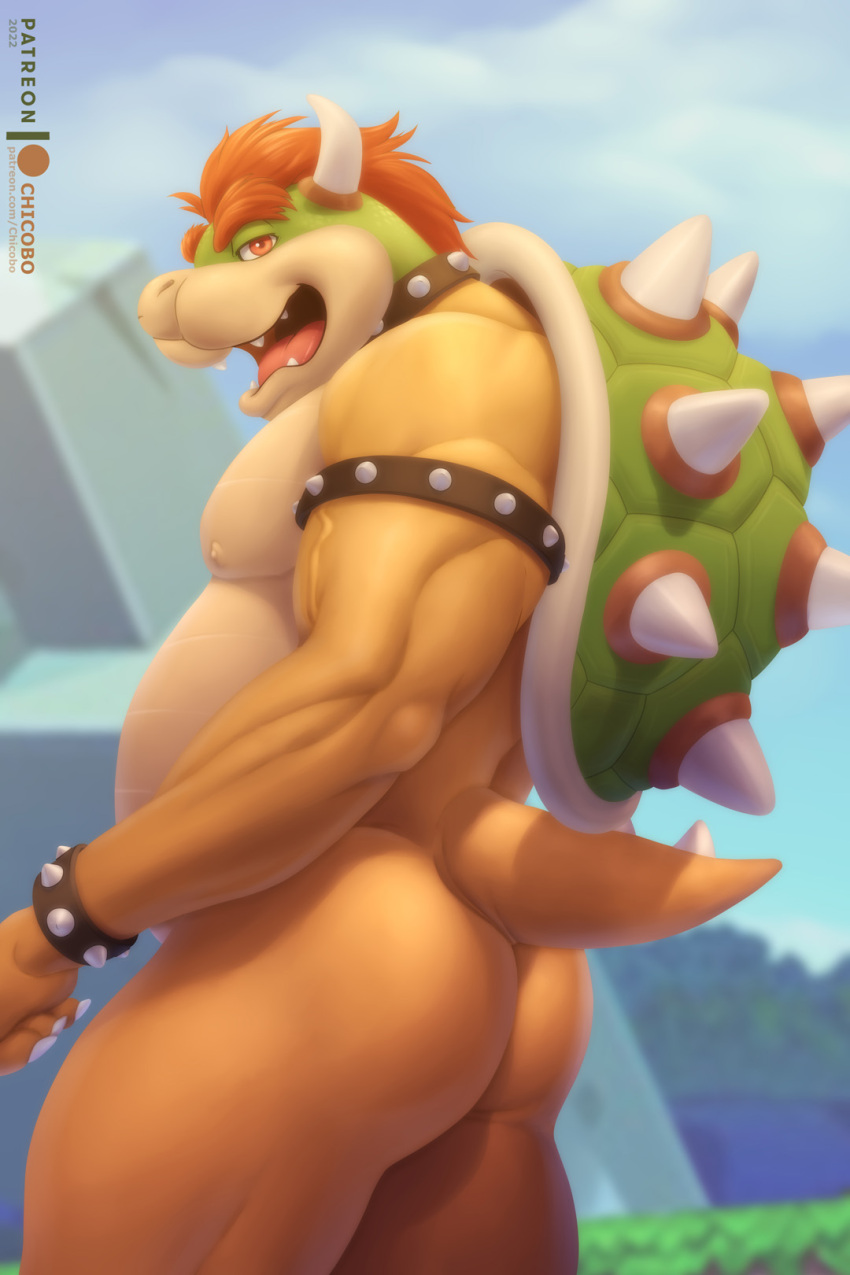 2022 2_horns anthro armband big_butt black_armband black_bracelet black_collar black_pupils blurred_background bowser bracelet butt chicobo claws collar cute_fangs detailed_background finger_claws green_body green_scales green_shell hair hi_res horn jewelry koopa looking_at_viewer male mario_bros muscular muscular_anthro muscular_male nintendo nipples nude open_mouth outside overweight overweight_anthro overweight_male pupils red_eyes red_hair scales scalie shell side_view smile solo spiked_armband spiked_bracelet spiked_collar spiked_shell spikes spikes_(anatomy) tan_body tan_nipples tan_scales thick_thighs veiny_muscles video_games white_body white_claws white_horn white_scales yellow_body yellow_scales