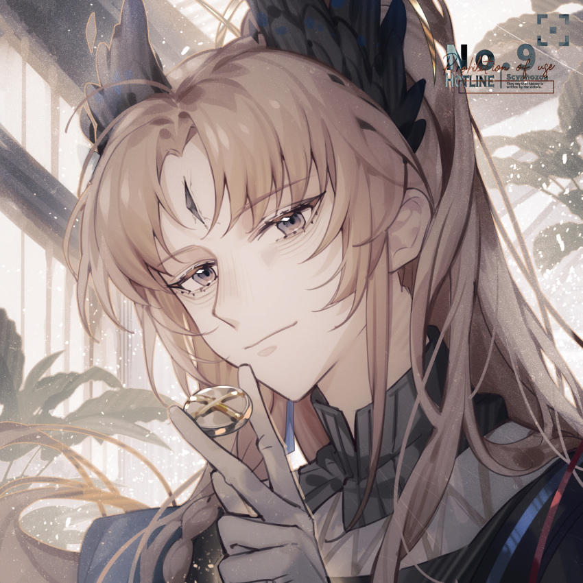 1boy arknights bangs brown_hair coin commentary_request grey_eyes head_wings highres holding holding_coin long_hair looking_at_viewer male_focus no.9_yualuodesi_mimitongxinzhong official_alternate_costume passenger_(arknights) portrait solo