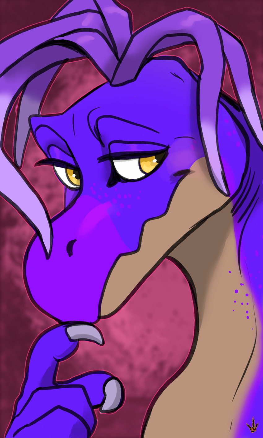 absurd_res amber_eyes beipiaosaurus belly countershading dinosaur don_bluth fan_character feather_hair feathers female feral finger_to_mouth freckles freckles_(oc) hi_res looking_at_viewer portrait pseudo_hair purple_body reptile scalie shy solo the_land_before_time thedinosaurmann therizinosaurid theropod thoughtful yellow_belly