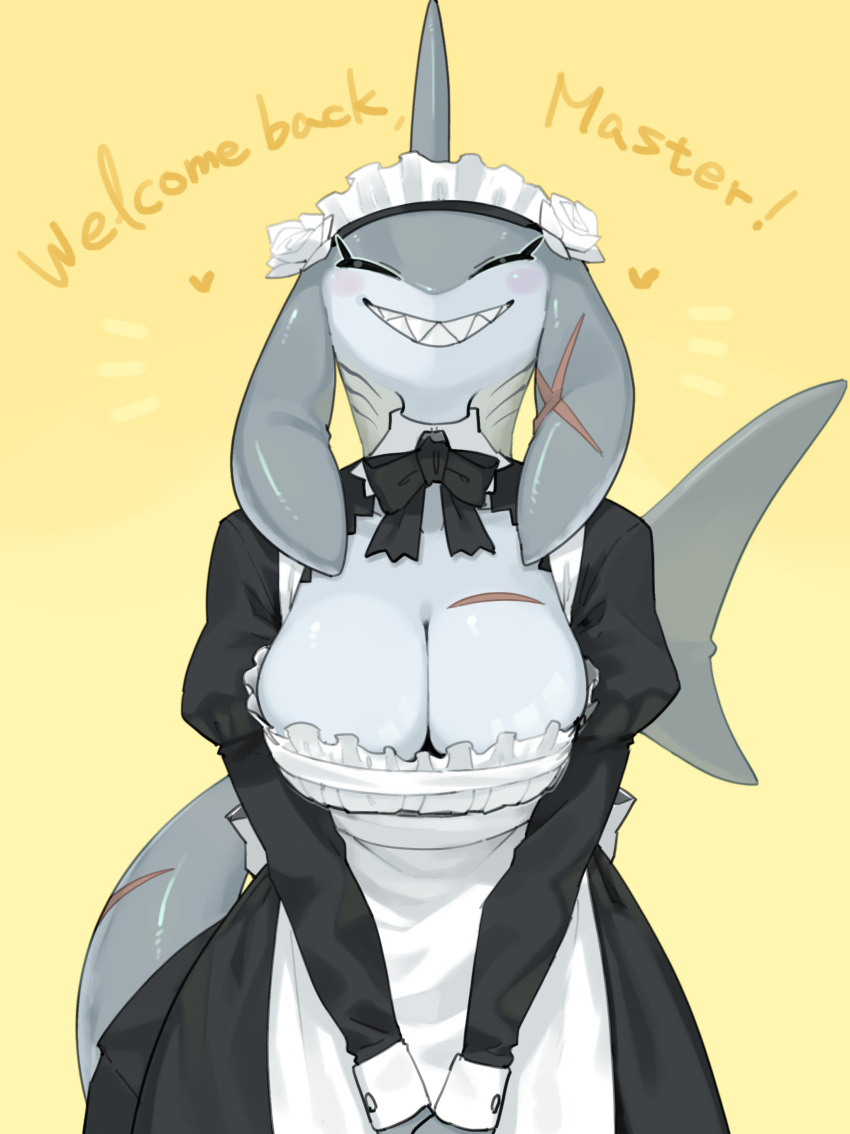 absurd_res anthro breasts clothed clothing female fish hi_res kame_3 maid_uniform marine shark smile solo teeth uniform