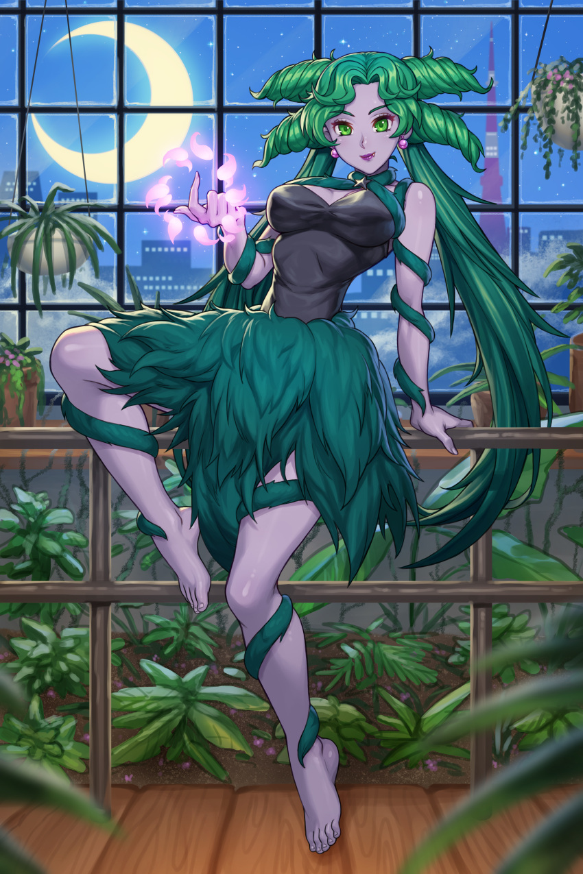 1girl absurdres barefoot bishoujo_senshi_sailor_moon black_dress breasts cleavage closed_mouth colored_skin commission dress earrings fang fang_out green_eyes green_hair grey_skin highres indoors jewelry large_breasts lips night plant potted_plant purple_lips second-party_source short_hair smile solo speh tellu_(sailor_moon) window