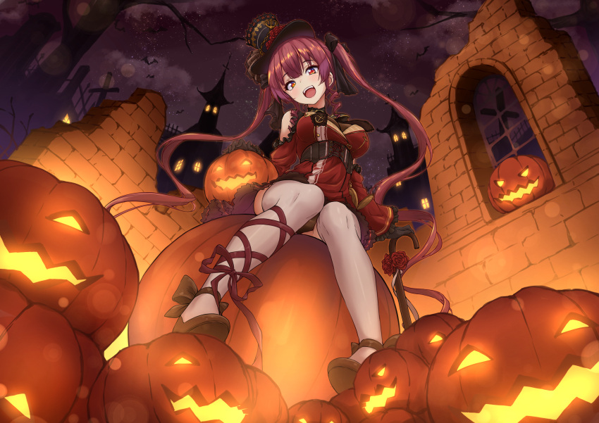 1girl :d absurdres asanaya bare_tree bat_(animal) black_gloves black_headwear black_ribbon black_sky blurry bokeh cane castle clothing_cutout commentary depth_of_field dress drill_hair gloves graveyard hair_ribbon halloween hat head_tilt heterochromia highres hololive houshou_marine jack-o'-lantern long_hair looking_at_viewer night night_sky open_mouth outdoors red_dress red_eyes red_footwear red_hair revision ribbon shoes short_dress shoulder_cutout sitting sky smile solo star_(sky) starry_sky thighhighs top_hat tree twintails very_long_hair virtual_youtuber white_thighhighs yellow_eyes