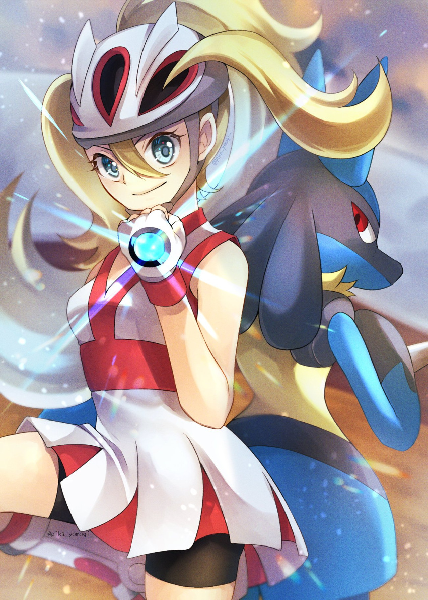 1girl back-to-back bangs bike_shorts black_shorts blonde_hair blue_eyes blurry blurry_background closed_mouth dress fingerless_gloves floating_hair gloves hair_between_eyes highres korrina_(pokemon) layered_dress long_hair looking_at_viewer looking_back lucario pokemon pokemon_(game) pokemon_xy red_eyes short_dress short_shorts shorts shorts_under_dress sleeveless sleeveless_dress smile standing standing_on_one_leg twitter_username white_dress white_gloves yomogi_(black-elf)