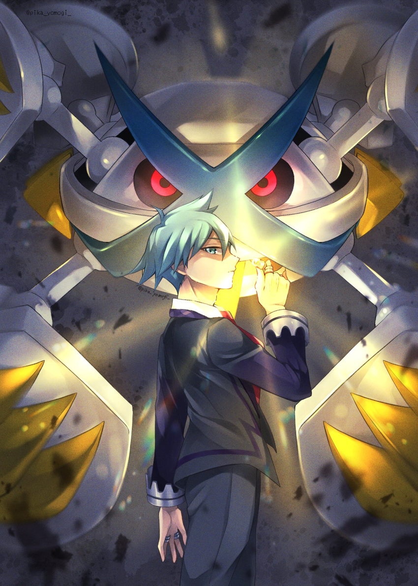 1boy bangs black_jacket black_pants blue_eyes closed_mouth from_side grey_hair hair_between_eyes highres jacket jewelry long_sleeves looking_at_viewer looking_to_the_side male_focus mega_metagross mega_pokemon metagross necktie pants pokemon pokemon_(creature) pokemon_(game) pokemon_oras profile red_eyes red_necktie ring short_hair standing steven_stone twitter_username yomogi_(black-elf)