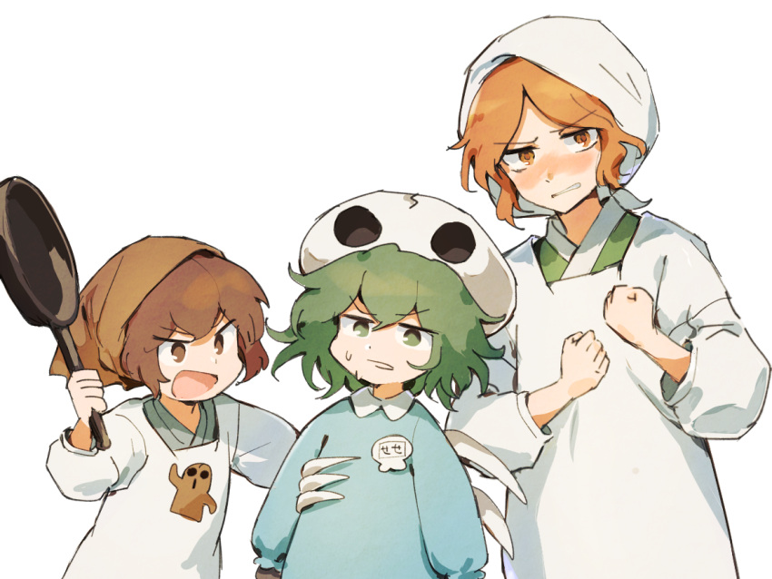 3others androgynous anger_vein angry apron bandana blue_shirt blush brown_bandana brown_eyes brown_hair commentary_request green_eyes green_hair hands_up haniwa_(statue) hemo_(hemoroda) kappougi katano_sukune kindergarten_uniform kitsugai_sese len'en long_sleeves multiple_others name_tag open_mouth orange_eyes orange_hair shirt short_hair simple_background skull_on_head sweat white_background white_bandana zuifeng_tenkai