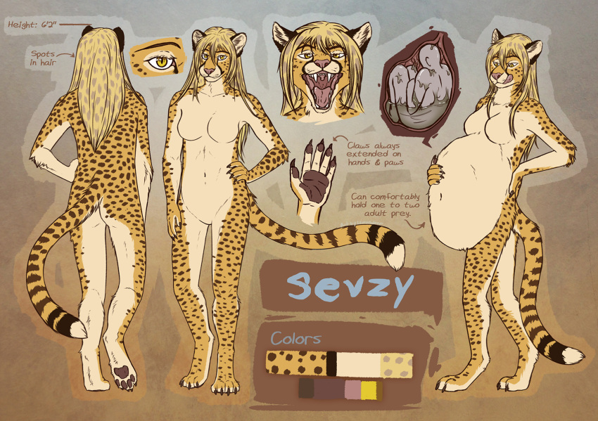 abdominal_bulge anthro belly bodily_fluids breasts cheetah digital_media_(artwork) english_text felid feline female fur hair hi_res lemondeer looking_at_viewer mammal open_mouth oral_vore simple_background smile solo spots text tongue vore