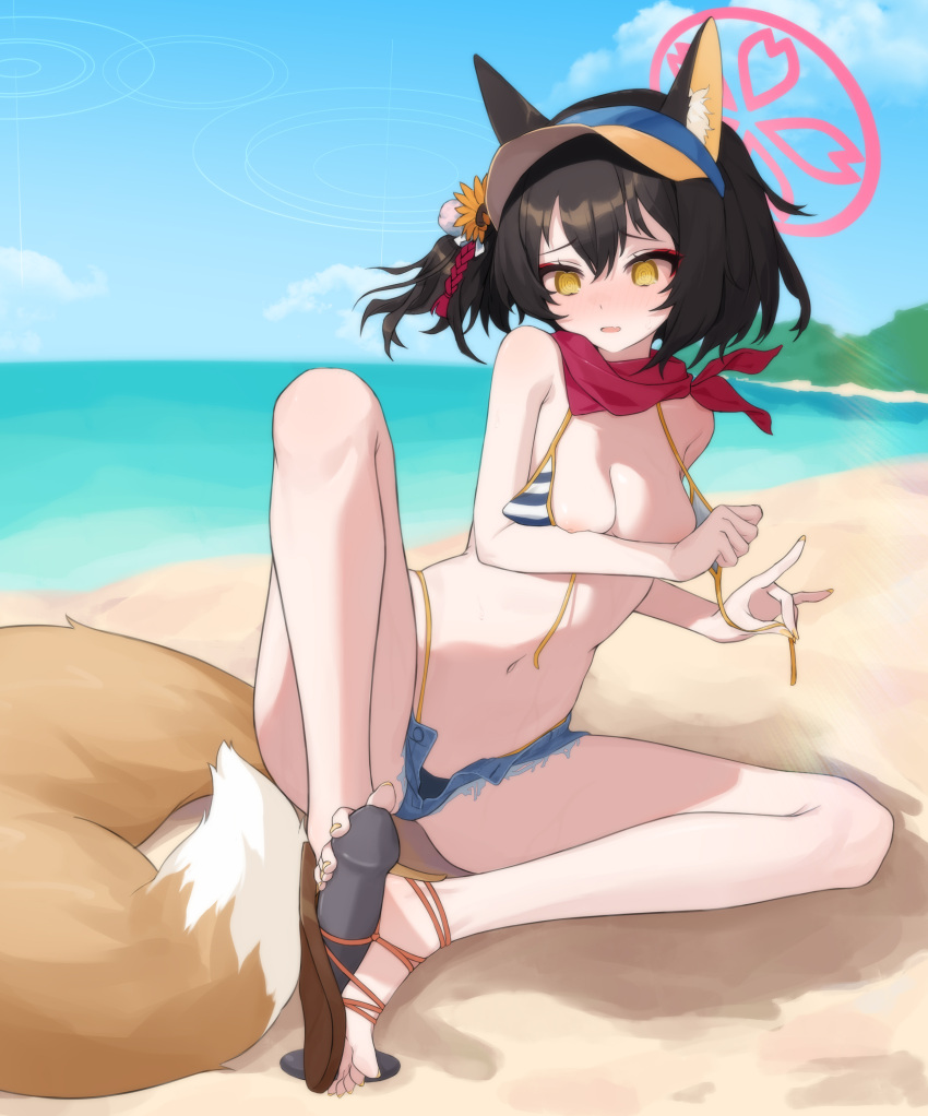 1girl @_@ absurdres animal_ear_fluff animal_ears areola_slip bangs bare_legs beach bikini black_hair blue_archive blush breasts day dildo fox_ears fox_girl fox_shadow_puppet fox_tail hair_between_eyes halo highres izuna_(blue_archive) izuna_(swimsuit)_(blue_archive) knee_up medium_breasts medium_hair micro_shorts nail_polish outdoors parted_lips red_scarf sandals scarf sex_toy shorts simulated_footjob single_sandal sitting solo string_bikini striped striped_bikini swimsuit tail toenail_polish toenails untied untied_bikini visor_cap yellow_eyes yellow_nails yume_(454565427)