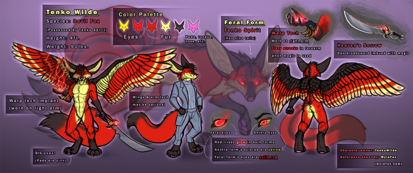 anthro black_hair butt canid canine clothed clothing english_text feathered_wings feathers featureless_crotch feral fox front_view fur glowing glowing_eyes hair hand_on_hip hi_res holding_object holding_sword holding_weapon male mammal melee_weapon model_sheet mylafox nude pawpads pink_pawpads rear_view red_body red_eyes red_feathers red_fur red_wings short_hair solo standing sword text weapon wings yellow_body yellow_feathers yellow_fur yellow_sclera yellow_wings