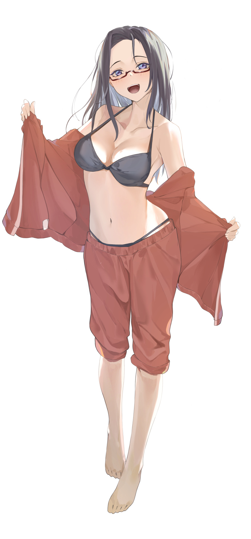 1girl :d absurdres barefoot black_bra black_panties blue_eyes bra breasts brown_hair cleavage collarbone colored_inner_hair demi-chan_wa_kataritai fujikawa_hikari full_body glasses grey_hair halterneck highres jacket long_hair looking_at_viewer medium_breasts multicolored_hair navel open_clothes open_jacket open_mouth panties pants red-framed_eyewear red_jacket red_pants satou_sakie semi-rimless_eyewear simple_background smile solo standing straight_hair track_jacket track_pants track_uniform two-tone_hair under-rim_eyewear underwear undressing white_background