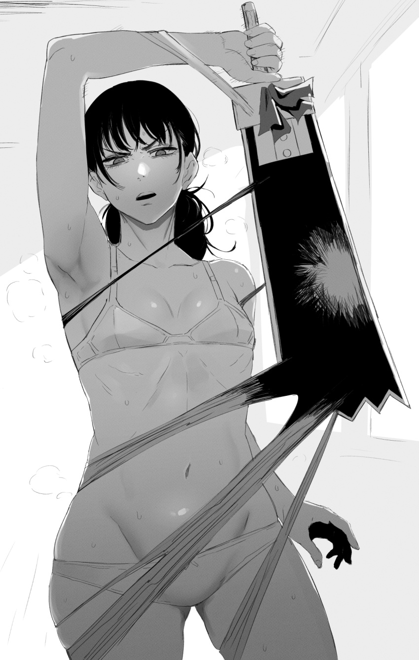1girl armpits bra breasts chainsaw_man cleavage dissolving_clothes greyscale highres holding holding_sword holding_weapon looking_at_viewer mitaka_asa monochrome navel nuezou open_mouth panties stomach sword thigh_gap underwear weapon