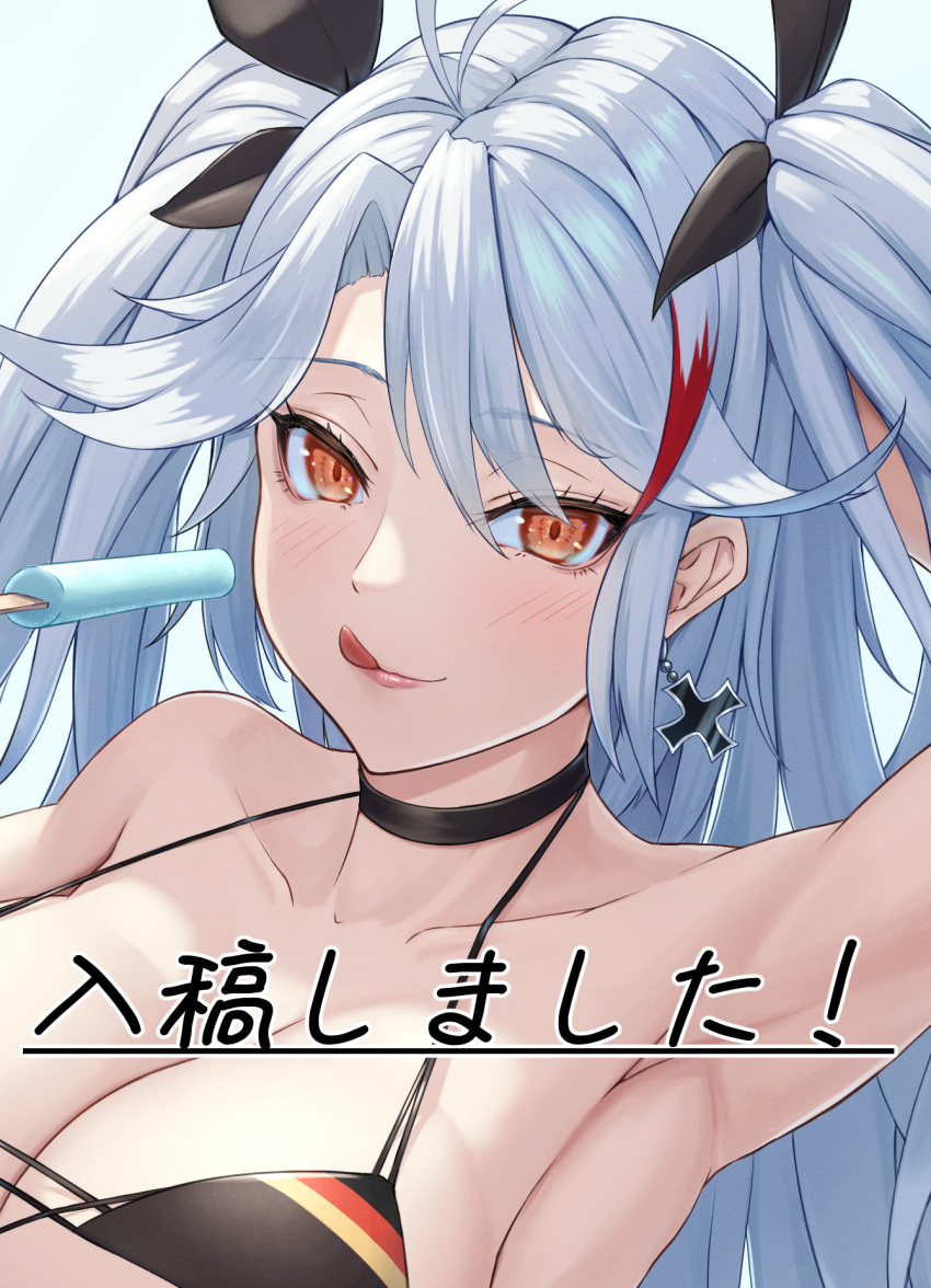 1girl armpits azur_lane bikini black_bikini comiket_100 cross earrings flag_print german_flag_bikini grey_hair highres holding_ice_cream iron_cross jewelry long_hair looking_at_viewer multicolored_hair official_alternate_costume orange_eyes presenting_armpit prinz_eugen_(azur_lane) prinz_eugen_(unfading_smile)_(azur_lane) ropi_(yyuichi29) simple_background solo streaked_hair swimsuit tongue tongue_out two-tone_hair