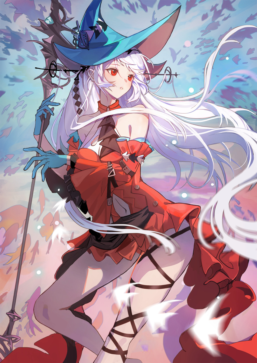 1girl aqua_gloves aqua_headwear arknights bangs bare_shoulders clothing_cutout commentary detached_sleeves dress fish floating_hair frilled_sleeves frills gloves haitu hat highres holding holding_staff long_hair looking_to_the_side navel navel_cutout red_dress red_eyes skadi_(arknights) skadi_the_corrupting_heart_(arknights) solo staff thighs very_long_hair white_hair
