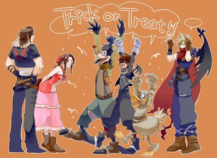 ... 1girl 5boys aerith_gainsborough armor arms_up baggy_pants bangs bare_arms bird black_footwear black_jacket black_pants blonde_hair blue_pants blue_shirt boots braid braided_ponytail breasts brown_footwear brown_gloves brown_hair cloak cloud_strife cosplay cropped_jacket demon_wings dog donald_duck dress duck fangs final_fantasy final_fantasy_vii final_fantasy_viii fingerless_gloves frankenstein's_monster frankenstein's_monster_(cosplay) full_body fur_trim gloves goofy green_eyes hair_ribbon halloween halter_dress halterneck hands_on_hips hands_up highres jacket kingdom_hearts kingdom_hearts_ii leaning_forward long_dress long_hair medium_breasts medium_hair multiple_boys mummy_costume official_alternate_costume open_mouth pants parted_bangs pink_dress pink_ribbon red_cloak ribbon ryouto shirt short_hair short_sleeves shoulder_armor sidelocks single_wrist_cuff sleeveless sleeveless_dress sleeveless_turtleneck smile sora_(kingdom_hearts) speech_bubble spiked_hair squall_leonhart standing thigh_strap toeless_footwear torn_cloak torn_clothes trick_or_treat turtleneck white_shirt wings wrist_cuffs