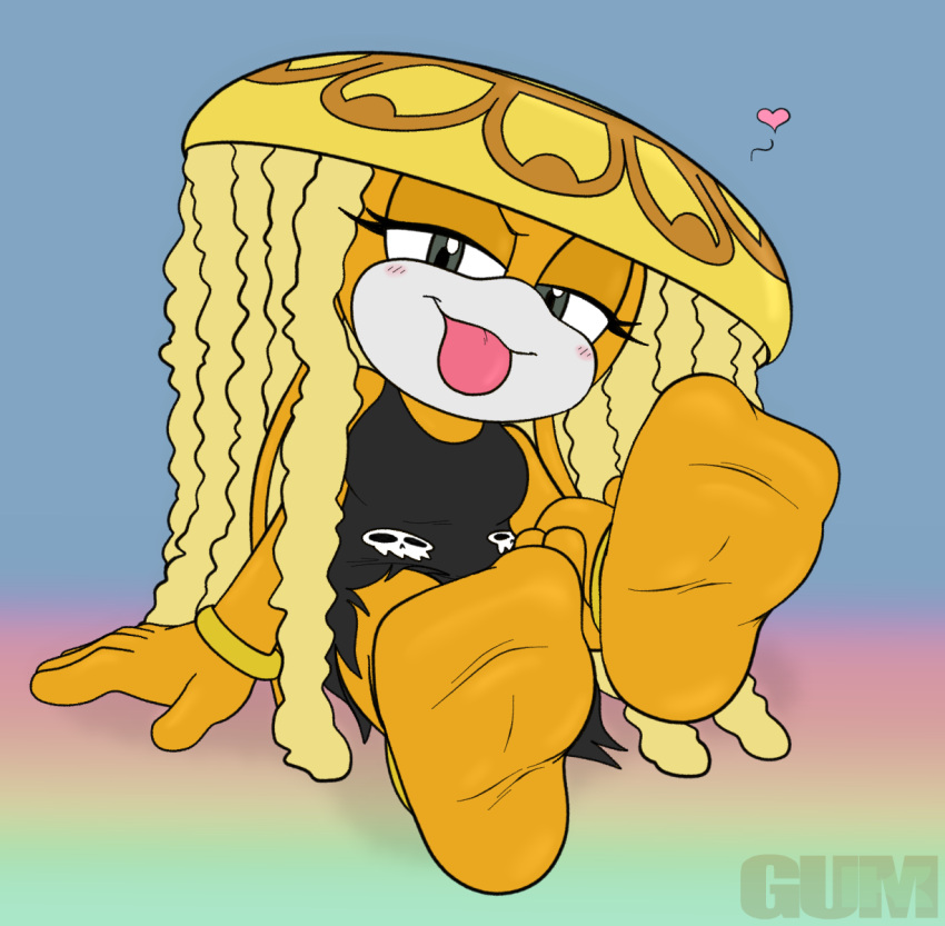 &lt;3 2022 anthro blep bracelet clothing cnidarian dress feet foot_focus gum-k hi_res jellyfish jewelry marine medusozoan membrane_(anatomy) opal_the_jellyfish orange_body orange_skin sega sitting soles sonic_the_hedgehog_(comics) sonic_the_hedgehog_(series) tongue tongue_out webbed_feet