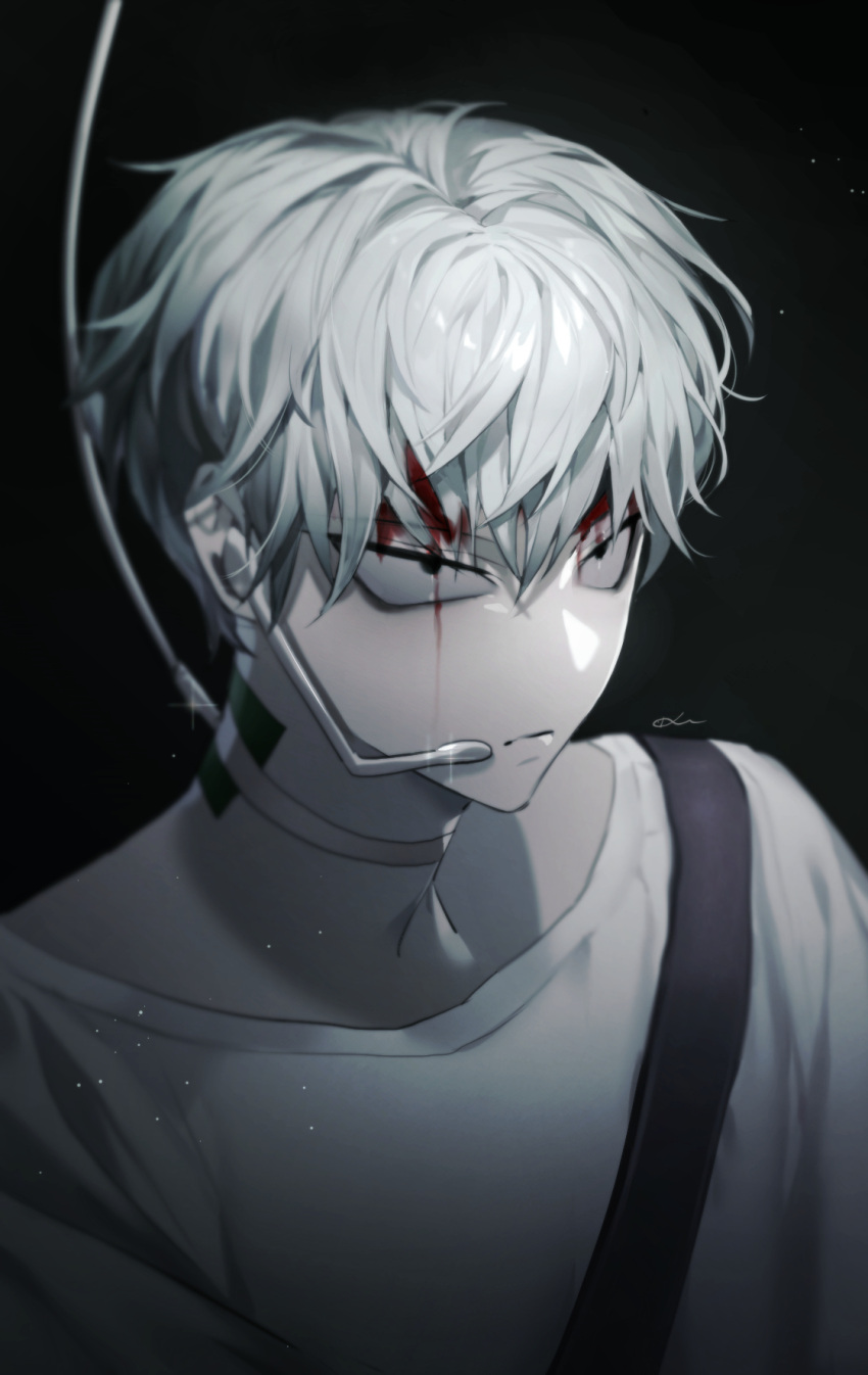 1boy alien_stage bangs black_eyes blood blood_on_face cable choker eungo grey_hair hair_between_eyes headset highres korean_commentary looking_ahead male_focus portrait sanpaku shirt short_hair solo till_(alien_stage) v-shaped_eyes white_choker white_shirt