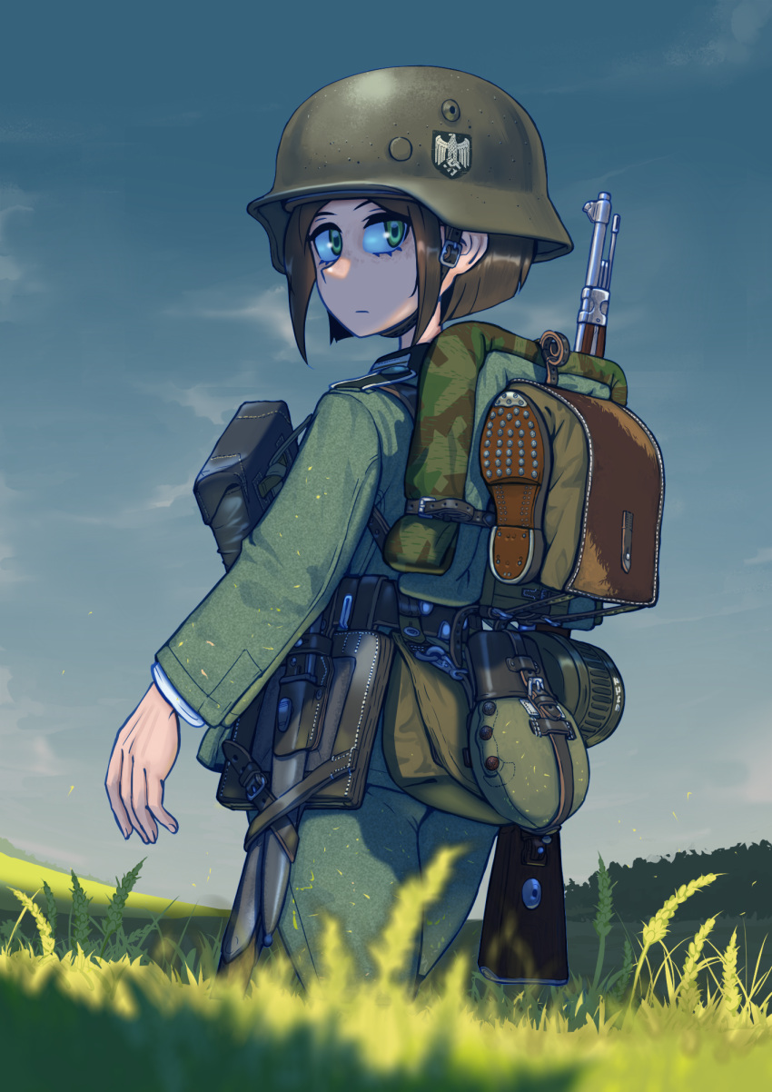 1girl ammunition_pouch bayonet bolt_action boots brown_hair canteen erica_(naze1940) grass gun helmet highres jacket load_bearing_equipment mauser_98 mess_kit military military_helmet military_uniform original outdoors pouch rifle soldier solo stahlhelm swastika uniform weapon wehrmacht world_war_ii